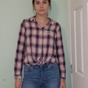 Women's Pink and Blue Plaid Button-Down Shirt